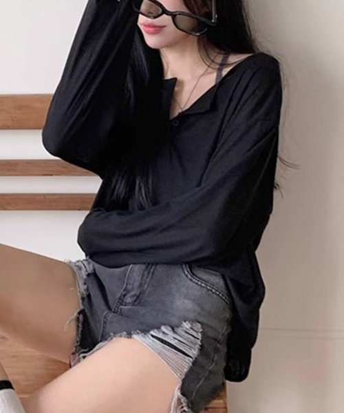 ReRe(リリ)の「ヘンリーネックサイドスリット長袖カットソー(Tシャツ/カットソー・レディース・ホワイト/ブラック/グレー・MEDIUM/LARGE/X-LARGE)」の6枚目の写真