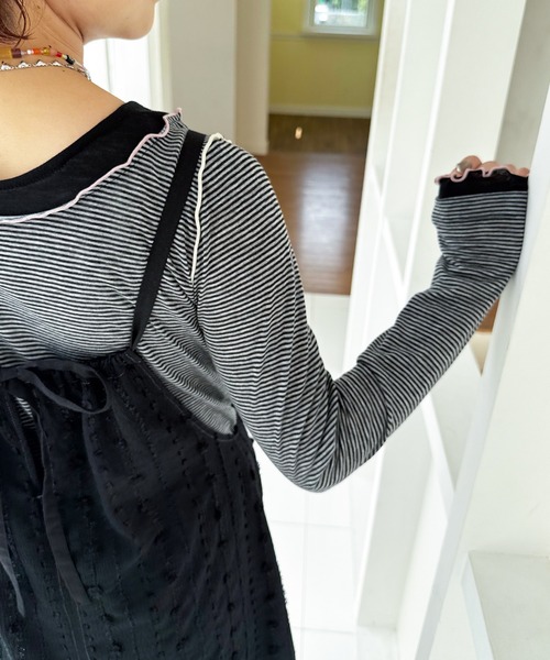 DOUBLE NAME（ダブルネーム）の「レイヤード風ボーダーメローインナー（Tシャツ/カットソー・レディース・ブラック/ベージュ/ブルー・FREE）」の16枚目の写真