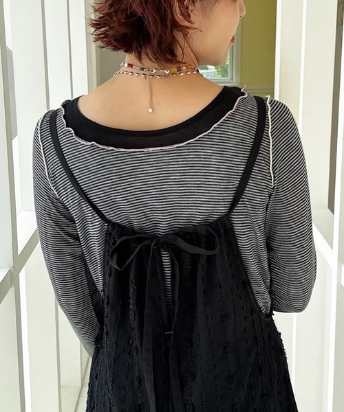 DOUBLE NAME（ダブルネーム）の「レイヤード風ボーダーメローインナー（Tシャツ/カットソー・レディース・ブラック/ベージュ/ブルー・FREE）」の17枚目の写真