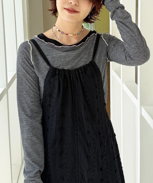 DOUBLE NAME（ダブルネーム）の「レイヤード風ボーダーメローインナー（Tシャツ/カットソー・レディース・ブラック/ベージュ/ブルー・FREE）」の13枚目の写真