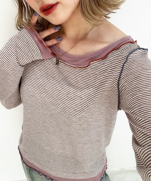 DOUBLE NAME（ダブルネーム）の「レイヤード風ボーダーメローインナー（Tシャツ/カットソー・レディース・ブラック/ベージュ/ブルー・FREE）」の19枚目の写真