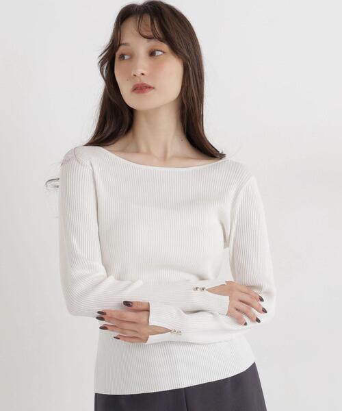 NATURAL BEAUTY BASIC(ナチュラルビューティーベーシック)の「ボートネックニット(ニット/セーター・レディース・ライトグリーン/オフホワイト/ダークブラウン・FREE)」の2枚目の写真
