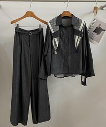 【セットアップ】スカーフ付き デニム地 シャツ&タックフレアパンツ