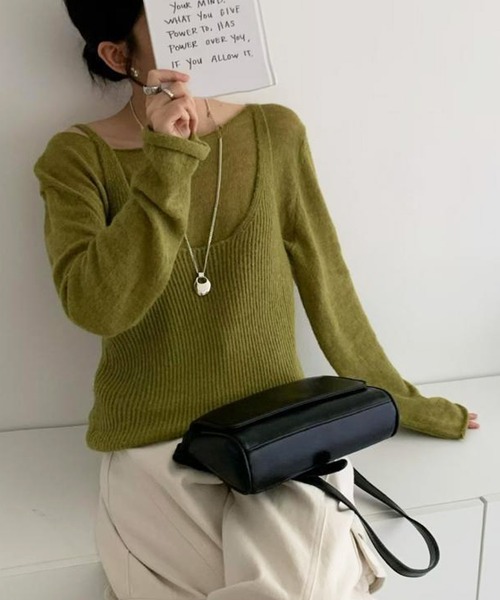 MEMECLE(メメクル)の「【 MEMECLE / メメクル 】レイヤード風キャミソール ニットトップス(ニット/セーター・レディース・グレー/ホワイト/ネイビー/オリーブ・FREE)」の16枚目の写真