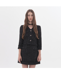 Fringed Tweed Mid-Sleeve Jacket - Multi Black