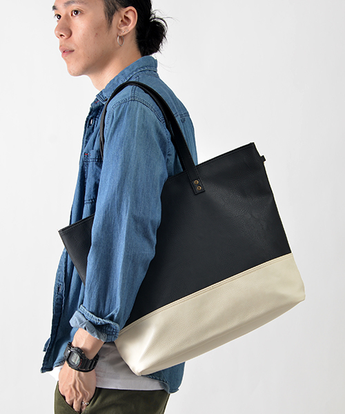 Rename（リネーム）の「Rename スクエア ビッグ トートバッグ A4収納可能（トートバッグ・メンズ・ブラック系その他/ブラウン系その他2/ターコイズブルー/モカ/ネイビー/ブルー系その他/ブラック/ブラウン系その他/ブルー系その他2/ブラウン/モスグリーン/キャメル/ダークブラウン/カーキ/グリーン系その他/グレー系その他/グレー系その他2/ブルー系その他3/ブルー系その他4/グレー/トリコロール/ブラック×ホワイト/グレイッシュベージュ/ブラウン系その他3/ベージュ×ブラック/ブラック×グレー/グレー系その他3・FREE）」の3枚目の写真