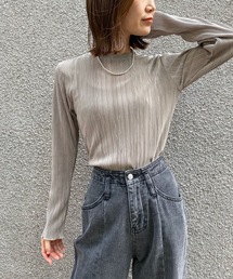 prose verse | 《WEB限定》サテンプリーツ 長袖プルオーバー 袖メローリブブラウス ラウンドネック ミニプリーツブラウス(Tシャツ/カットソー)