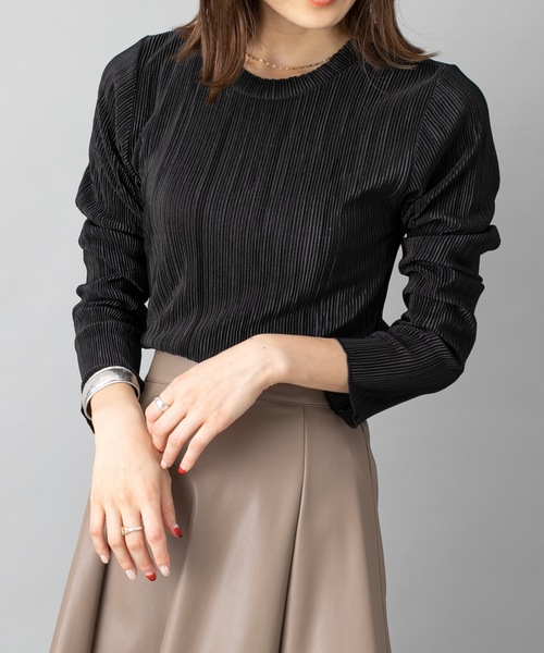 prose verse（プロズヴェール）の「《WEB限定》サテンプリーツ 長袖プルオーバー 袖メローリブブラウス ラウンドネック ミニプリーツブラウス（Tシャツ/カットソー・レディース・ブラック/カーキ/モカ/グレイッシュベージュ・ﾌﾘ-）」の22枚目の写真