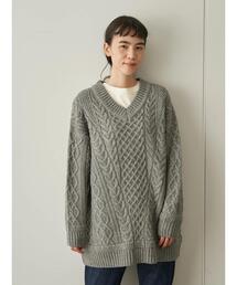 AMERICAN HOLIC | チルデン斜めケーブルVネックニットチュニック  ＊〇(ニット/セーター)