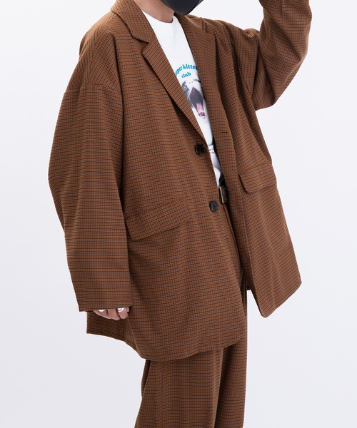 Perushu（ペルーシュ）の「ギザステッチチェックジャケット(セットアップ着用可)（テーラードジャケット・メンズ・チャコールグレー/オレンジ/ベージュ・MEDIUM/LARGE）」の14枚目の写真