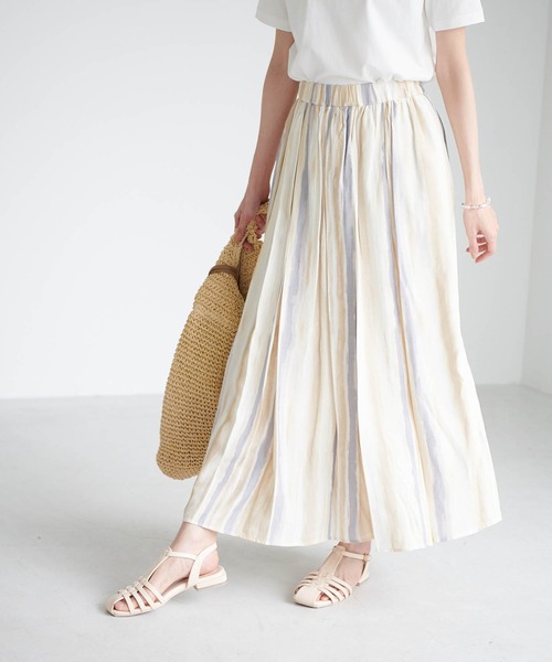 イビザ限定✨ロエベ ラップスカート リネン ストライプ フリンジ リボン ロング ボリュームフレアスカート(ロング・マキシ丈スカート) | Sybilla