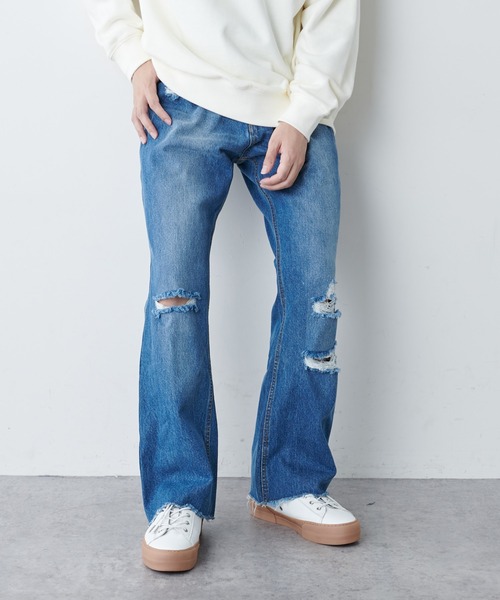 DISCOAT（ディスコート）の「クラッシュデニムフレア風パンツ（デニムパンツ・メンズ・ブラック/ネイビー・LARGE/MEDIUM）」の20枚目の写真