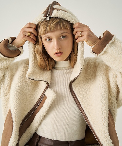 Fano Studios（ファノ ストゥディオズ）の「ビックカラー フーディーボアジャケット FD21W169【Fano Studios】（ライダースジャケット・レディース・アイボリー・L/S/M）」の2枚目の写真