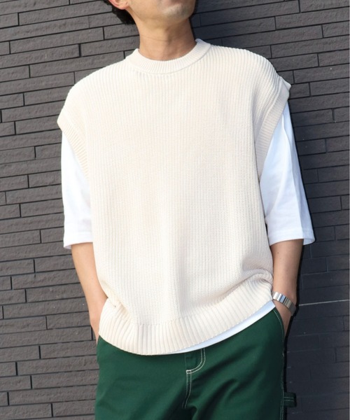 Purple&Yellow(パープルアンドイエロー)の「ビッグニットベスト&5分袖Tシャツセット(ニット/セーター・メンズ・オフホワイト/ライトグリーン・SMALL/MEDIUM/LARGE)」の1枚目の写真