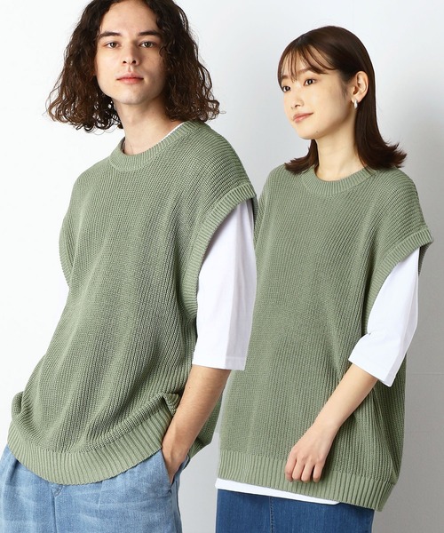 Purple&Yellow(パープルアンドイエロー)の「ビッグニットベスト&5分袖Tシャツセット(ニット/セーター・メンズ・オフホワイト/ライトグリーン・SMALL/MEDIUM/LARGE)」の2枚目の写真