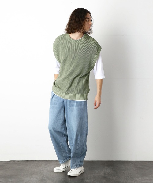 Purple&Yellow(パープルアンドイエロー)の「ビッグニットベスト&5分袖Tシャツセット(ニット/セーター・メンズ・オフホワイト/ライトグリーン・SMALL/MEDIUM/LARGE)」の3枚目の写真