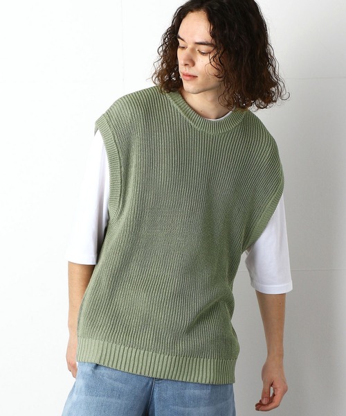 Purple&Yellow(パープルアンドイエロー)の「ビッグニットベスト&5分袖Tシャツセット(ニット/セーター・メンズ・オフホワイト/ライトグリーン・SMALL/MEDIUM/LARGE)」の7枚目の写真