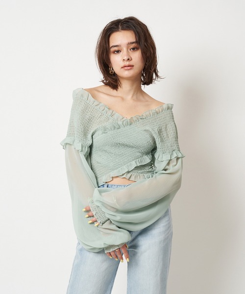 SPIRALGIRL(スパイラルガール)の「ギャザーカシュクールブラウス(シャツ/ブラウス・レディース・オフホワイト/グリーン/ブラック・FREE)」の12枚目の写真