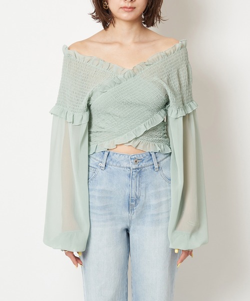 SPIRALGIRL(スパイラルガール)の「ギャザーカシュクールブラウス(シャツ/ブラウス・レディース・オフホワイト/グリーン/ブラック・FREE)」の17枚目の写真