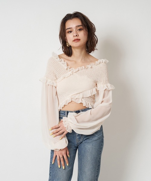 SPIRALGIRL(スパイラルガール)の「ギャザーカシュクールブラウス(シャツ/ブラウス・レディース・オフホワイト/グリーン/ブラック・FREE)」の10枚目の写真