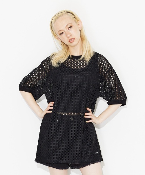 X-girl（エックスガール）の「CROCHET S/S TEE（Tシャツ/カットソー・レディース・ライトブルー/ブラック/オフホワイト・S/M）」の3枚目の写真