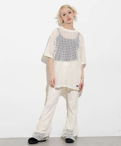 X-girl（エックスガール）の「CROCHET S/S TEE（Tシャツ/カットソー・レディース・ライトブルー/ブラック/オフホワイト・S/M）」の4枚目の写真