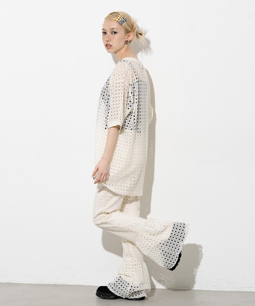 X-girl（エックスガール）の「CROCHET S/S TEE（Tシャツ/カットソー・レディース・ライトブルー/ブラック/オフホワイト・S/M）」の5枚目の写真