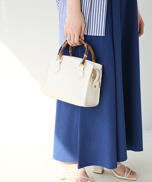 Simplicite(サンプリシテ)の「バンブーハンドルバッグ(ハンドバッグ・レディース・ホワイト/ブラック/グリーン・FREE)」の2枚目の写真