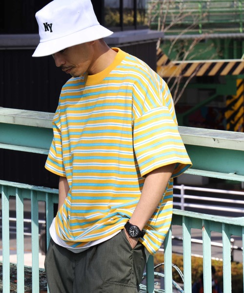 BACK NUMBER（バックナンバー）の「【BACK NUMBER】ビッグシルエットマルチボーダーＴシャツ（Tシャツ/カットソー・メンズ・ベージュ/イエロー/ブラック/グリーン・M/S/L/XL）」の20枚目の写真