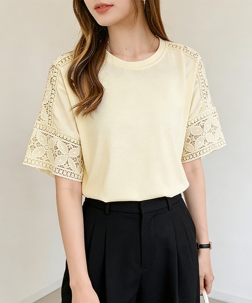 Doux Belle(ドゥーベル)の「ポイントシースルートップス(Tシャツ/カットソー・レディース・ホワイト/ブラック/ダークブラウン/ベージュ・FREE)」の4枚目の写真