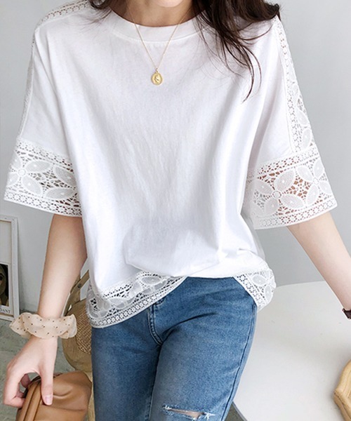 Doux Belle(ドゥーベル)の「ポイントシースルートップス(Tシャツ/カットソー・レディース・ホワイト/ブラック/ダークブラウン/ベージュ・FREE)」の6枚目の写真