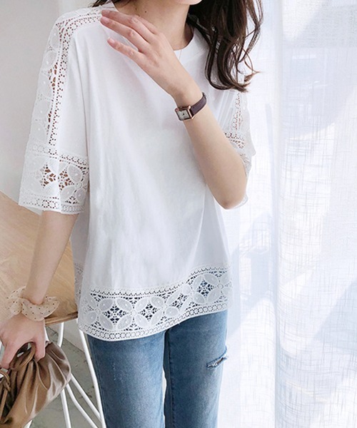 Doux Belle(ドゥーベル)の「ポイントシースルートップス(Tシャツ/カットソー・レディース・ホワイト/ブラック/ダークブラウン/ベージュ・FREE)」の8枚目の写真