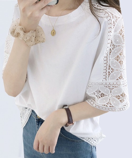 Doux Belle(ドゥーベル)の「ポイントシースルートップス(Tシャツ/カットソー・レディース・ホワイト/ブラック/ダークブラウン/ベージュ・FREE)」の5枚目の写真