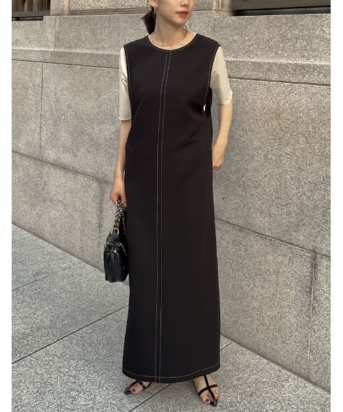 Re:EDIT（リエディ）の「[低身長/高身長サイズ有]前後2WAY配色ステッチVネックジャンパースカート（ジャンパースカート・レディース・ブラック/ブラウン・MEDIUM/LARGE/SHORT/TALL）」の14枚目の写真