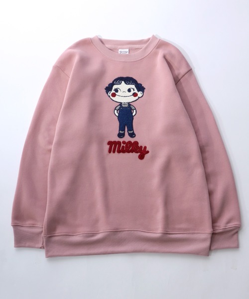 Salong hameu（サロン ハミュー）の「ペコちゃん キャラクターサガラ刺繍ワッペン 裏起毛スウェットトップス レディース/トレーナープルオーバー（スウェット・レディース・ピンク/ブルー/グレー系その他/スミクロ・M/L）」の4枚目の写真