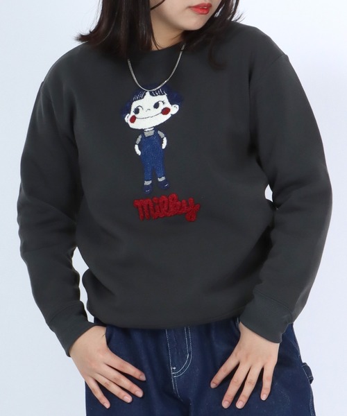 Salong hameu（サロン ハミュー）の「ペコちゃん キャラクターサガラ刺繍ワッペン 裏起毛スウェットトップス レディース/トレーナープルオーバー（スウェット・レディース・ピンク/ブルー/グレー系その他/スミクロ・M/L）」の6枚目の写真