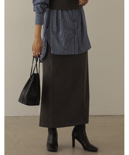 Re:EDIT（リエディ）の「[低身長/高身長サイズ有][2点セット]起毛ツイルビスチェ×ロングスカートセットアップ（ワンピース・レディース・ダークブラウン/ブラック/チャコールグレー・LARGE/SHORT/TALL/MEDIUM）」の9枚目の写真