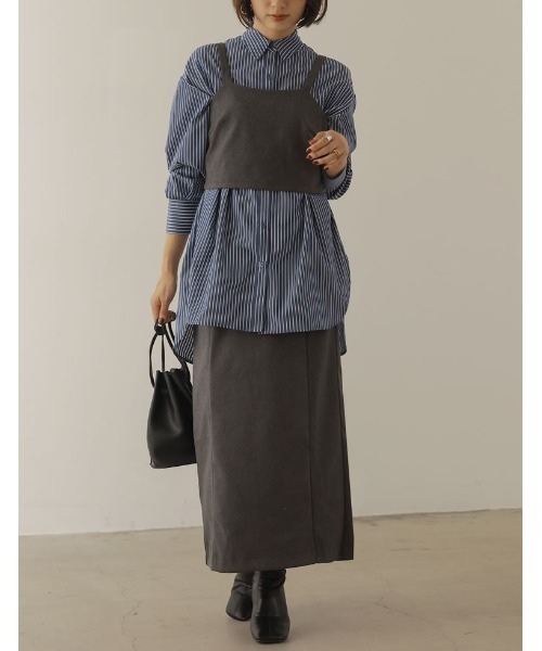 Re:EDIT（リエディ）の「[低身長/高身長サイズ有][2点セット]起毛ツイルビスチェ×ロングスカートセットアップ（ワンピース・レディース・ダークブラウン/ブラック/チャコールグレー・LARGE/SHORT/TALL/MEDIUM）」の6枚目の写真