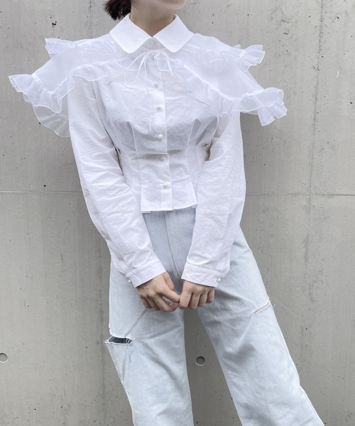 PAIN（ペイン）の「ダブルカラーレイヤードブラウス（シャツ/ブラウス・レディース・ブラック/ホワイト/ベージュ・FREE）」の2枚目の写真