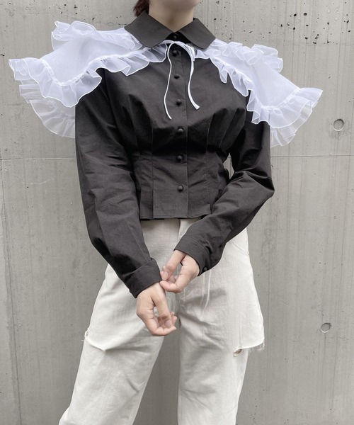 PAIN（ペイン）の「ダブルカラーレイヤードブラウス（シャツ/ブラウス・レディース・ブラック/ホワイト/ベージュ・FREE）」の15枚目の写真