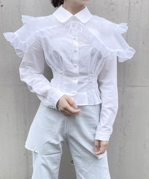 PAIN（ペイン）の「ダブルカラーレイヤードブラウス（シャツ/ブラウス・レディース・ブラック/ホワイト/ベージュ・FREE）」の8枚目の写真