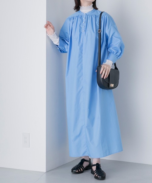 BONLECILL（ボンルシール）の「ボリュームスリーブ  パールボタンヘンリーネック シャツワンピース（シャツワンピース・レディース・オフホワイト/ネイビー系/ブルー/オレンジ/ネイビー・FREE）」の12枚目の写真