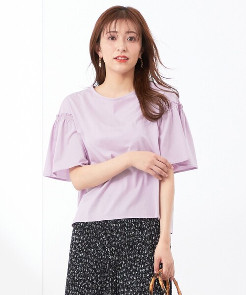 ANY SIS(エニィスィス)の「シルケットストライプ フレアスリーブ カットソー(Tシャツ/カットソー・レディース・ピンク系1/ライトグリーン系1/ライトイエロー系9/ネイビー系1/スカイブルー系1/ライラック系9・4)」の1枚目の写真
