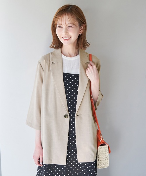 ROPE' PICNIC(ロペピクニック)の「セットアップ対応/麻調シアージャケット(テーラードジャケット・レディース・カーキ/チャコールグレー/ベージュ/ターコイズブルー・38)」の1枚目の写真