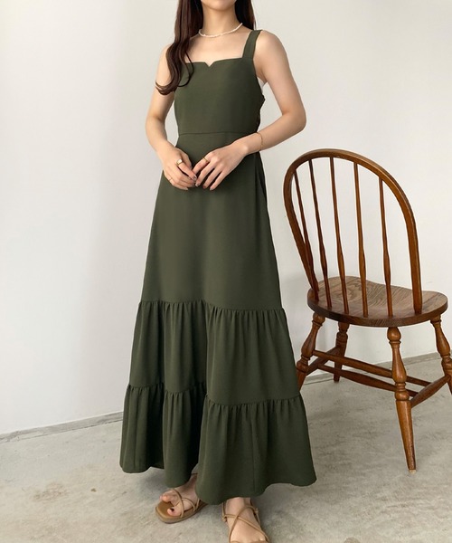 【新品タグ付】ANAYI ライトローンティアードワンピース 38 カーキ callautia（カラウティア）の「フロントデザインティアードワンピース