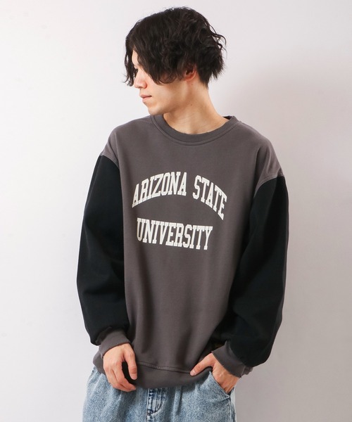 YOUWA(ユーワ)の「POWER TO THE PEOPLE リメイクプリントスウェットトレーナー(スウェット・メンズ・チャコールグレー/サンドベージュ/グレイッシュブルー・L/M)」の2枚目の写真