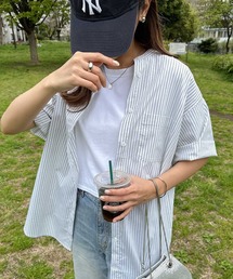 ストライプバンドカラー半袖シャツ