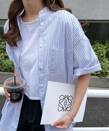 ストライプバンドカラー半袖シャツ