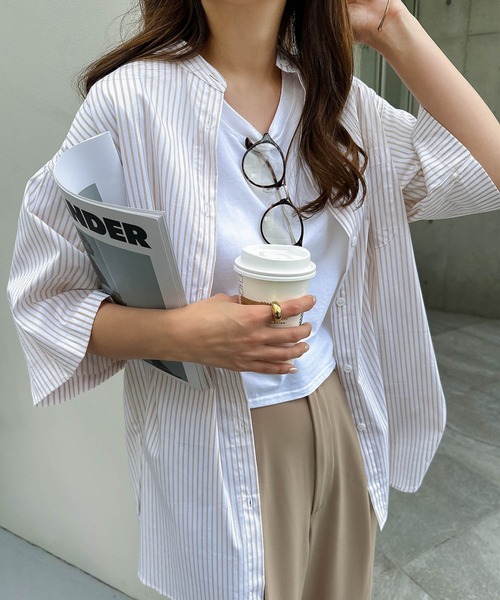 ストライプバンドカラー半袖シャツ（シャツ/ブラウス）｜andme