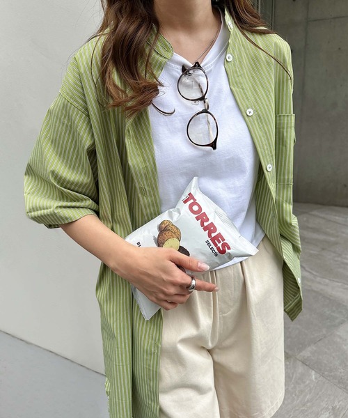 ストライプバンドカラー半袖シャツ（シャツ/ブラウス）｜andme